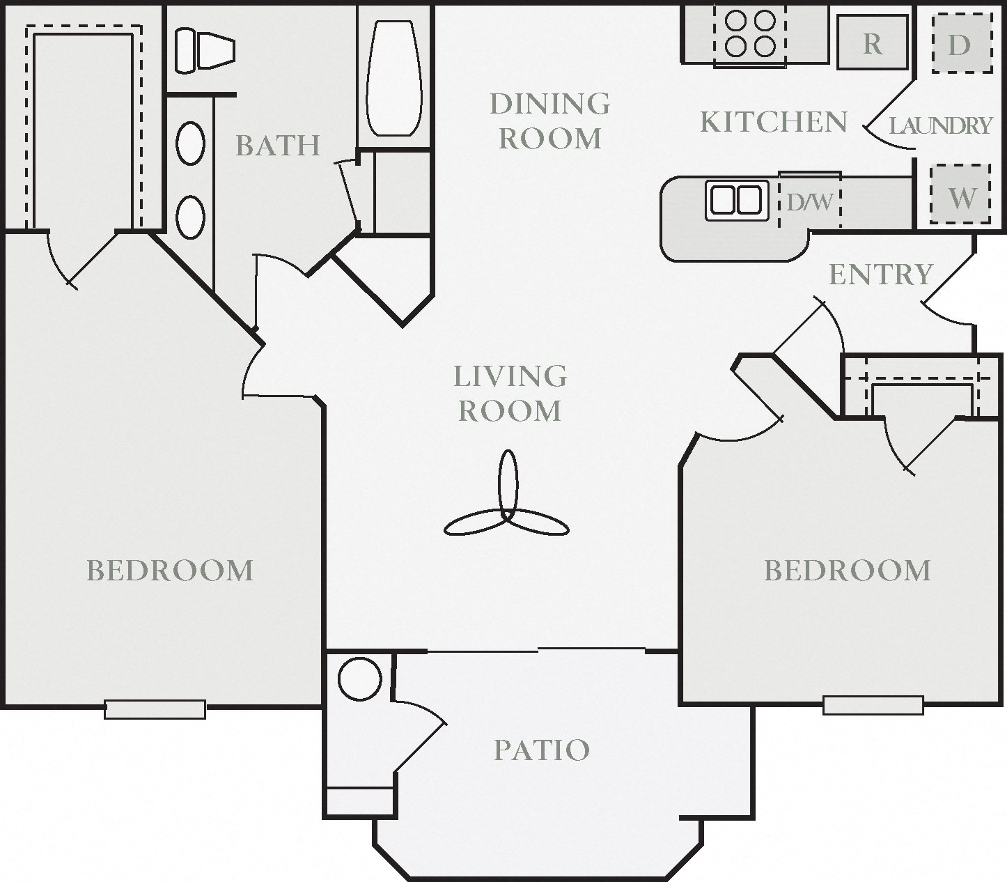 Floor plan for 2 beds, 1 bath, 932 sqft